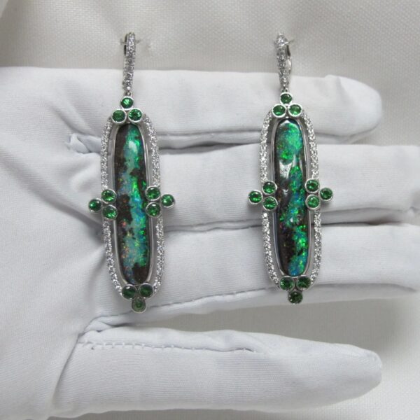 Intense Boulder Opal Earrings with Green Garnets and Diamonds 1641-24 alternate view