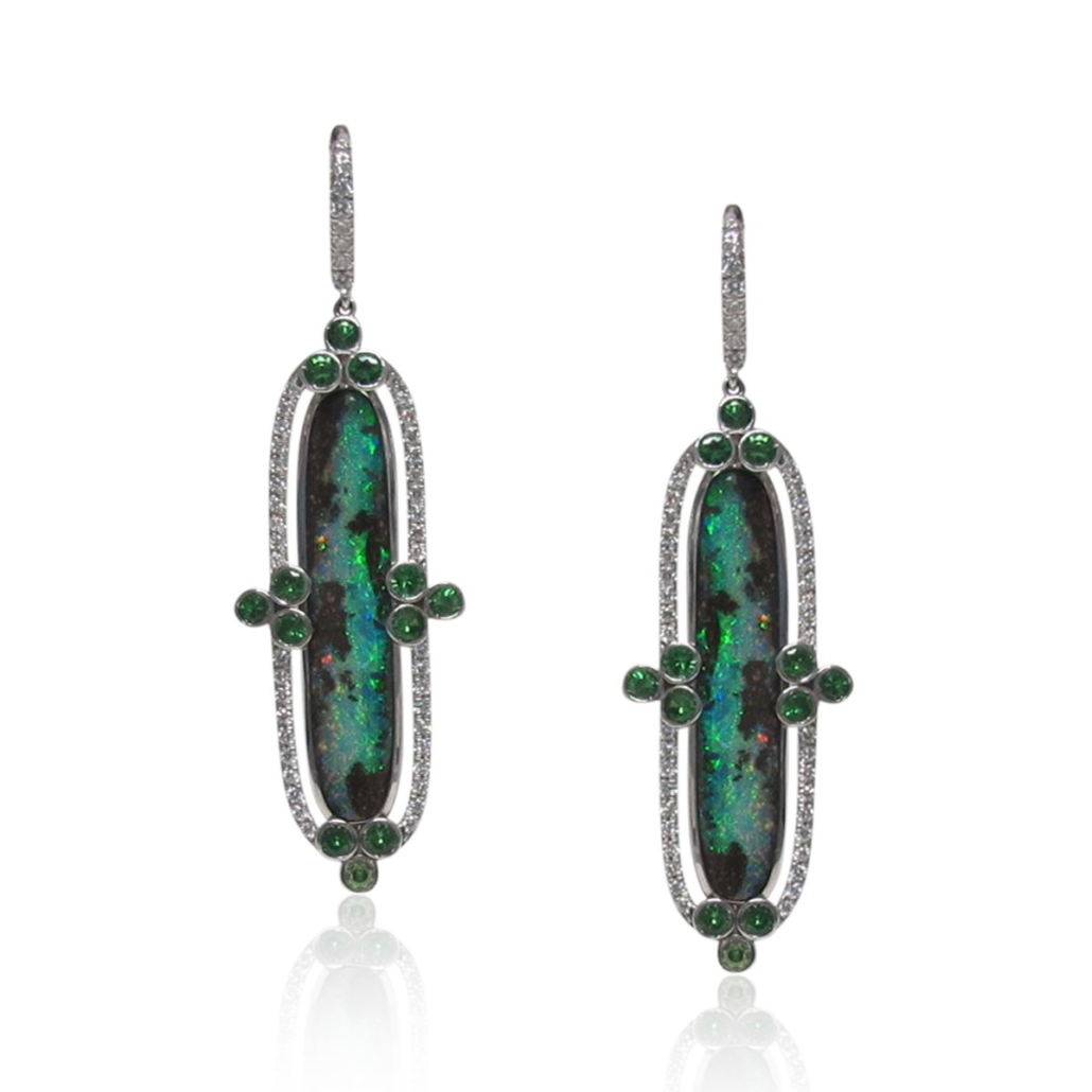 Intense Boulder Opal Earrings with Green Garnets and Diamonds 1640-24