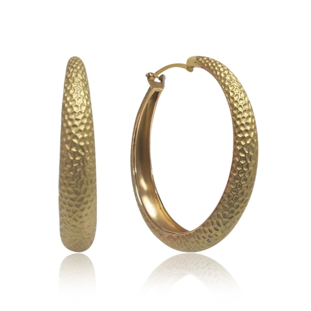 18k YG Hand Made 2.5 Inches Hammered Hoops 1676-23