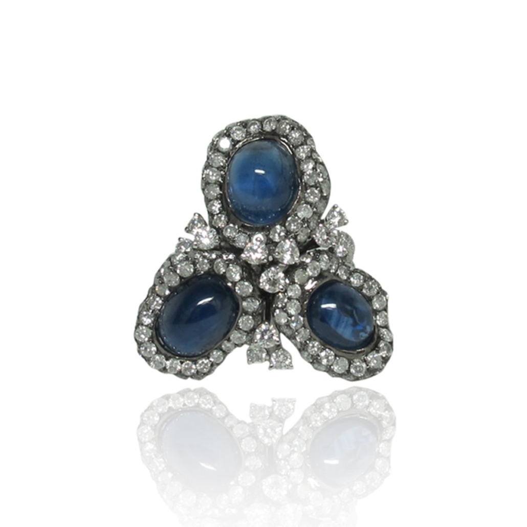 Tri Cabochon Blue Sapphire & Diamond Gothic Ring 1735-13