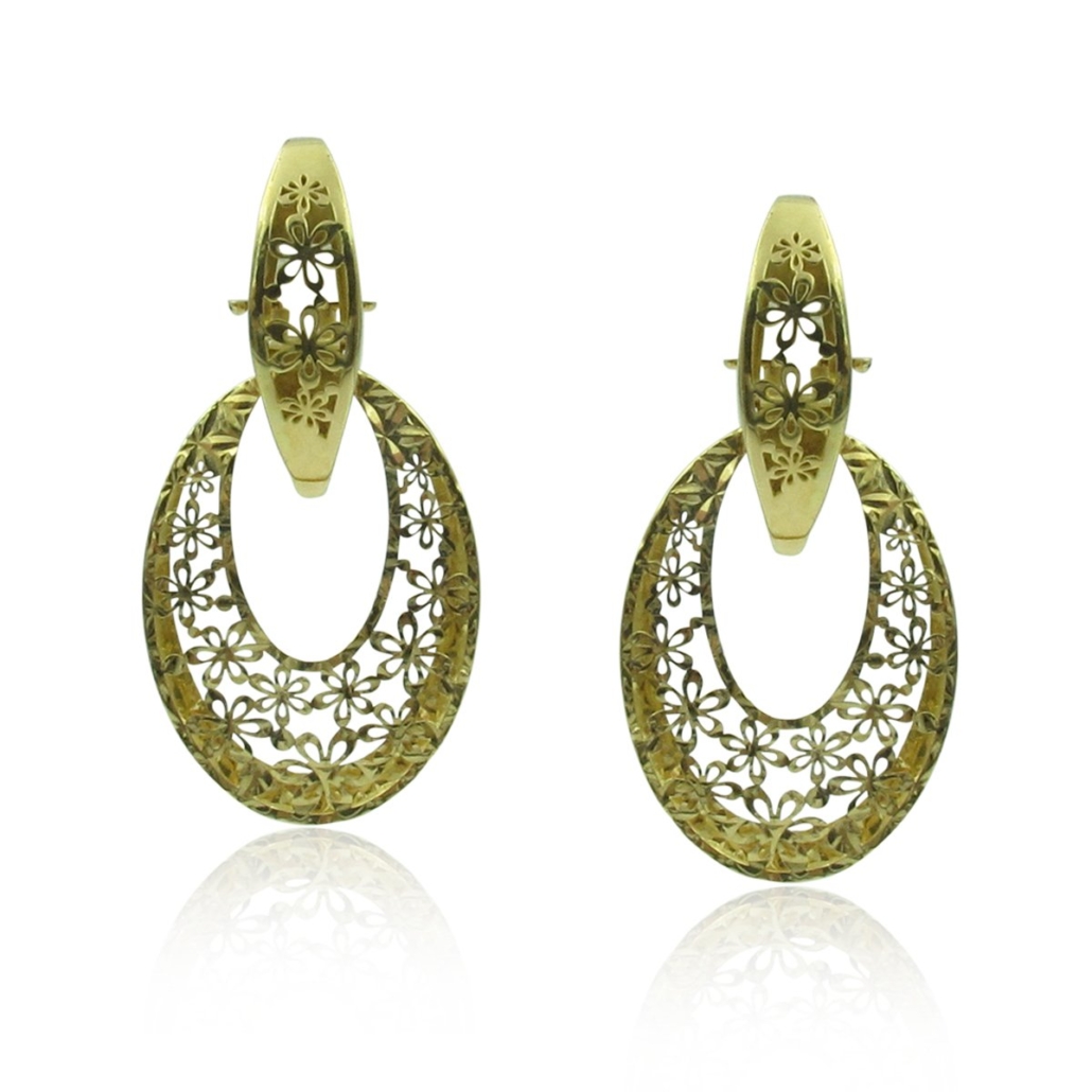 18k Yellow Gold Oval Floral Stamped Earrings 1370-24