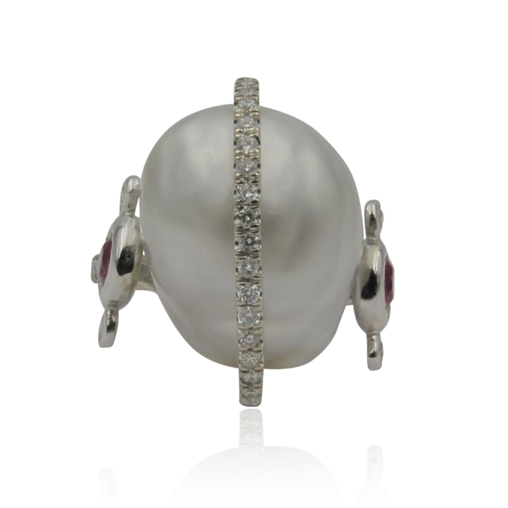 18k white gold pearl, ruby and diamond cocktail ring 1373-13DG
