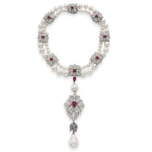 This double-strand La Peregrina pearl necklace was custom designed for Elizabeth Taylor by Cartier and features the world’s most expensive pearl. 