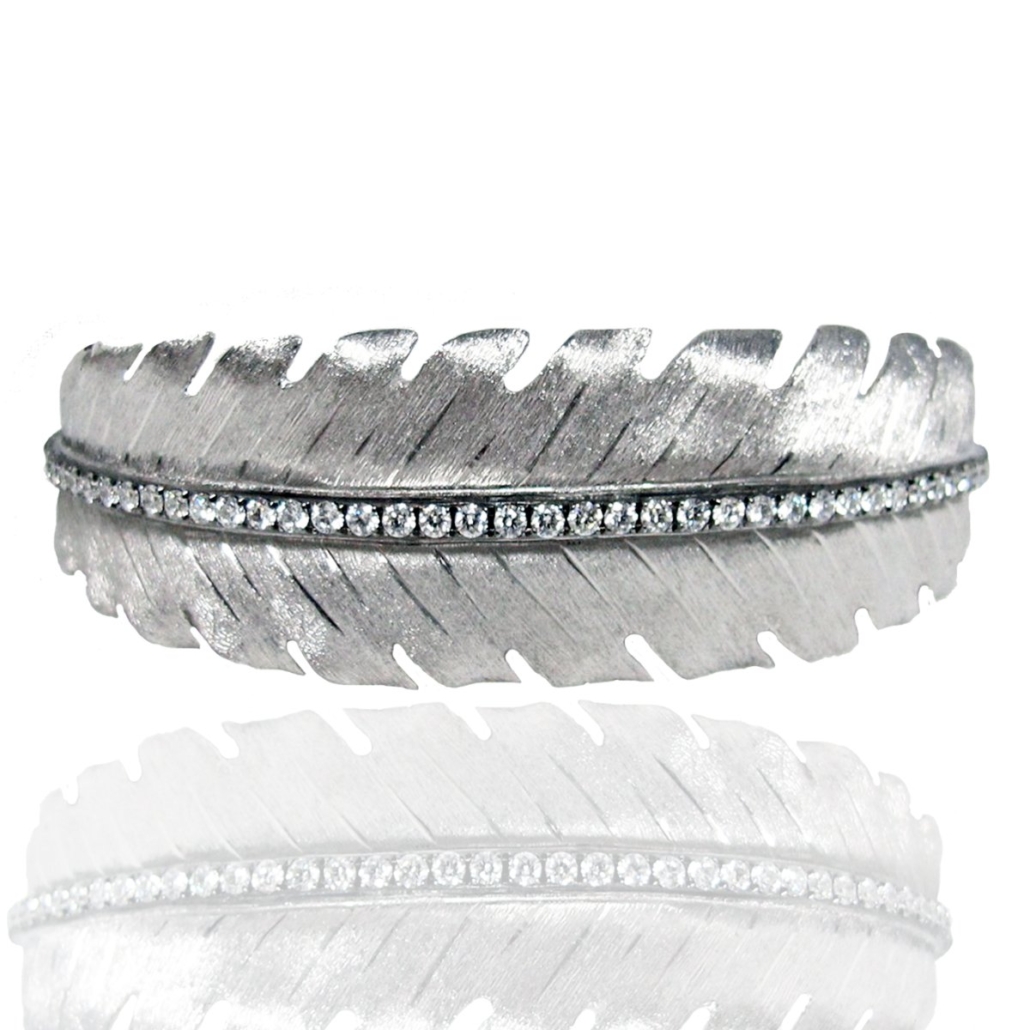 18K White Gold Leaf Cuff with Diamond Accents 6976-53D-18kwg