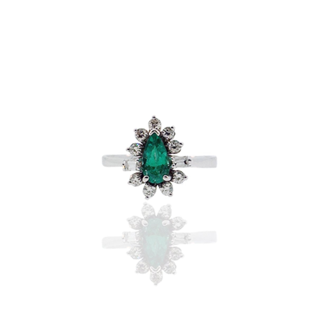 14k White Gold Pear Shaped Emerald & Diamond Handcrafted Ring 1580-13 7292