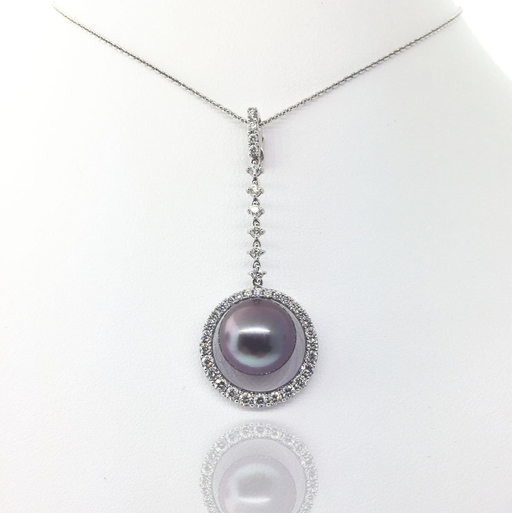 18k White Gold Ocean Dew Drop Black Pearl Diamond Pendant 1346-432