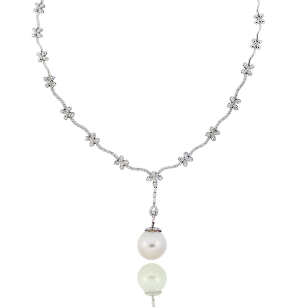 18k White Gold Mermaid’s Shining Teardrop: A Pearl & Diamond Choker, 1004