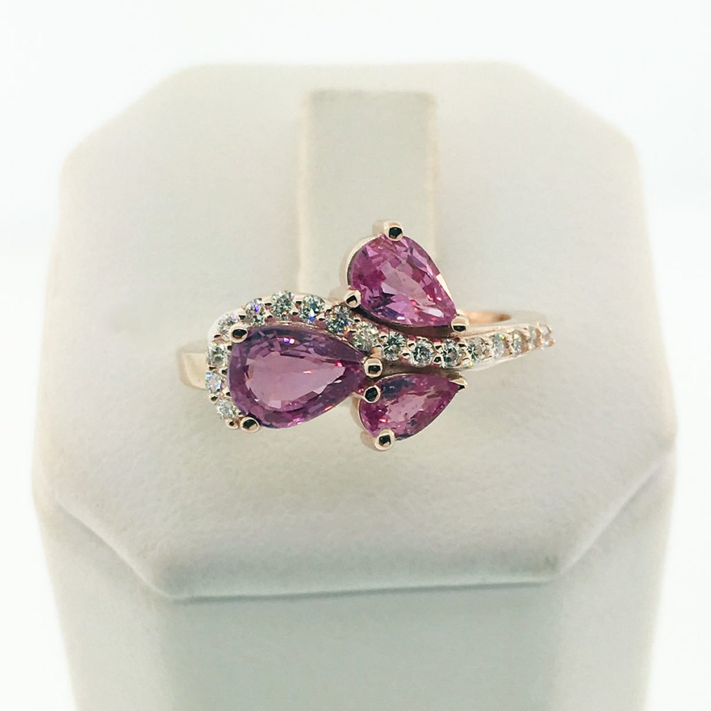 18 K Rose Gold and Pink Sapphire Ring with Diamond Swirl
