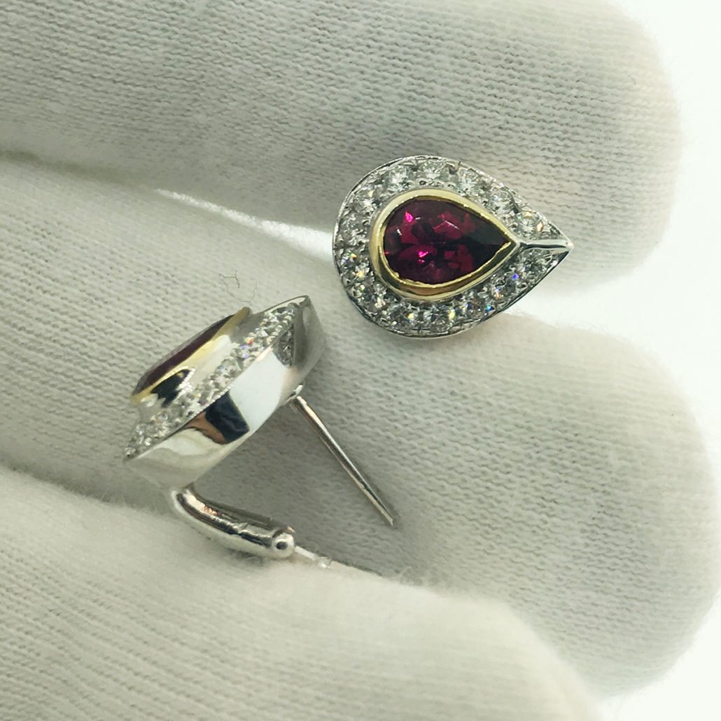 red sapphire ruby diamond halo cluster stud earring