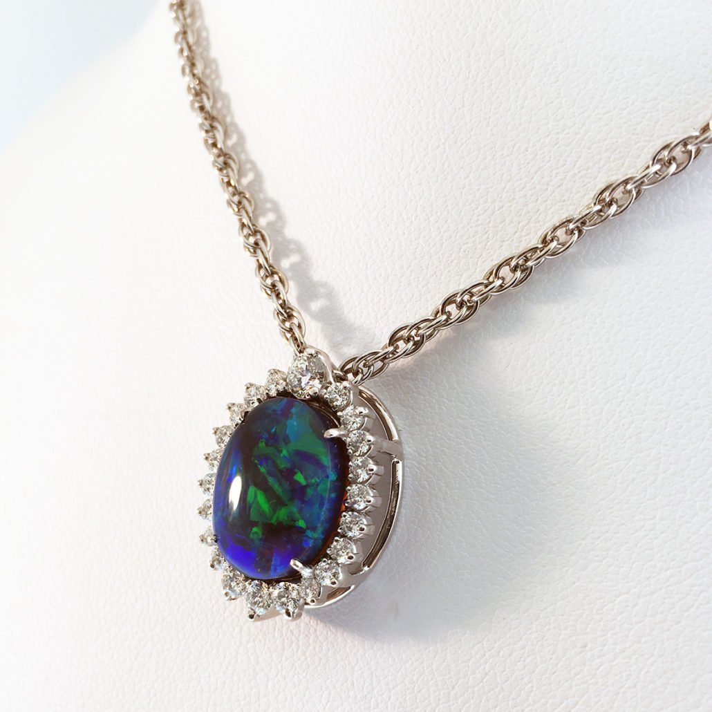 Black Opal and Diamond Pendant, Custom Fine Jewelry, 18K White Gold