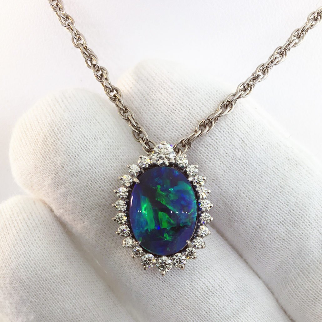 Black Opal and Diamond Pendant, Custom Fine Jewelry, 18K White Gold