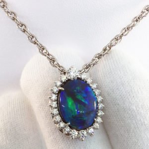 Black Opal and Diamond Pendant, Custom Fine Jewelry, 18K White Gold