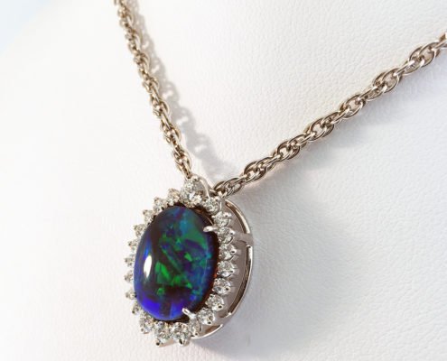 Black Opal and Diamond Pendant, Custom Fine Jewelry, 18K White Gold