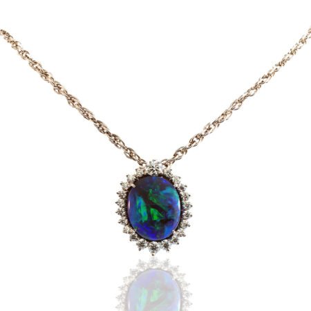 Black Opal and Diamond Pendant, Custom Fine Jewelry, 18K White Gold