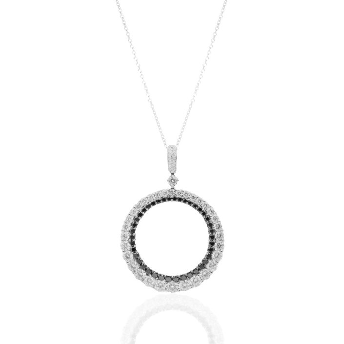 7107-32DB Feature Natural Round Brilliant DIamond, Fancy Black Treated Diamond, 20 Days of Diamonds, Fine Jewelry, Circle Pendant, Diamond Pendant, 14K White Gold, Holiday 2017, Holiday Gifts, Diamond District, NYC Jeweler