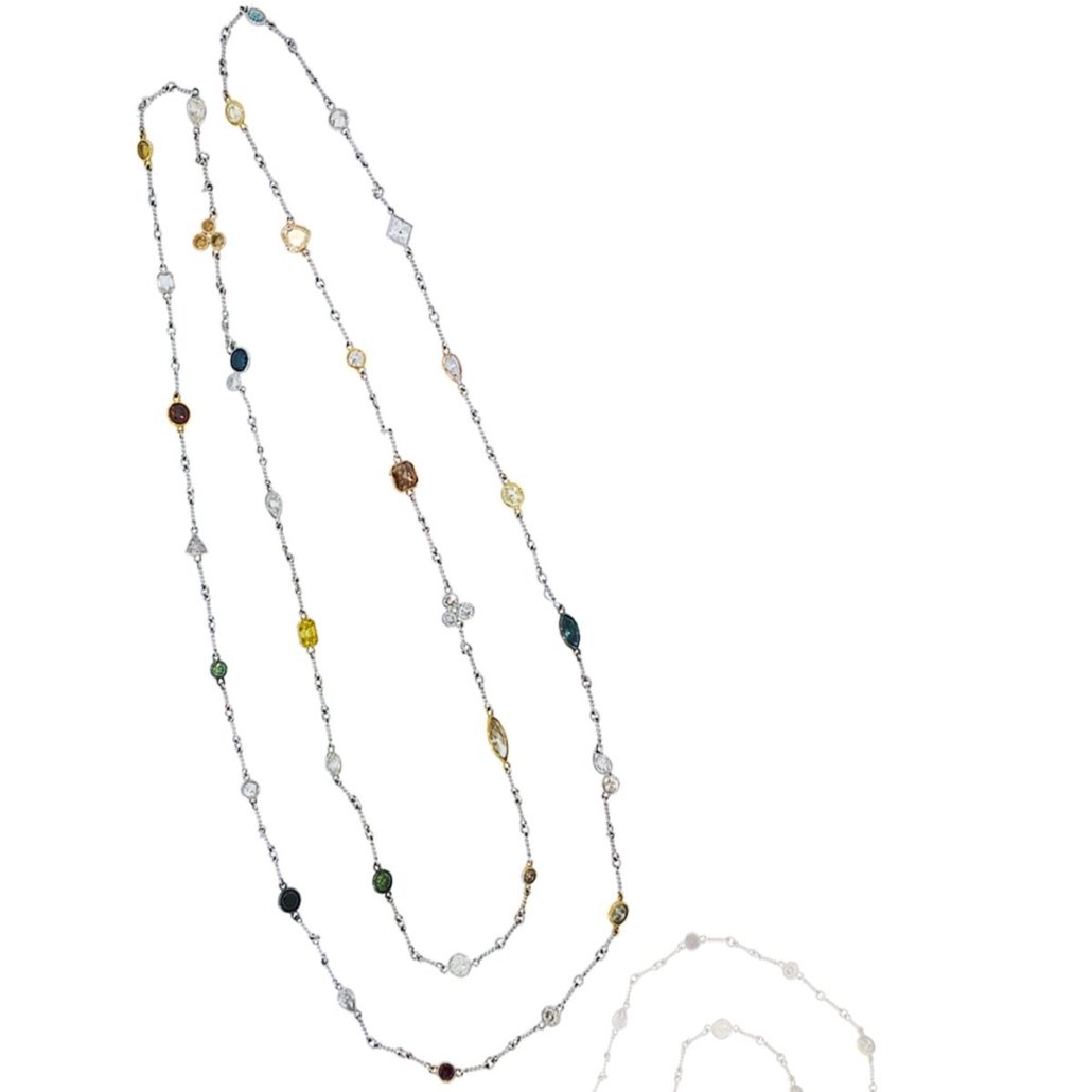 14k White Gold Multi-Shape Multi-Color Diamond Bone Necklace 1090-42