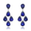 Heat treated blue sapphire, natural round brilliant diamond, halo set, dangling earrings, white gold