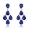 Heat treated blue sapphire, natural round brilliant diamond, halo set, dangling earrings, white gold