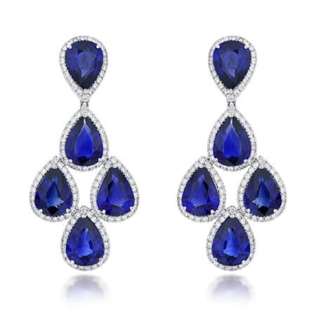 Heat treated blue sapphire, natural round brilliant diamond, halo set, dangling earrings, white gold