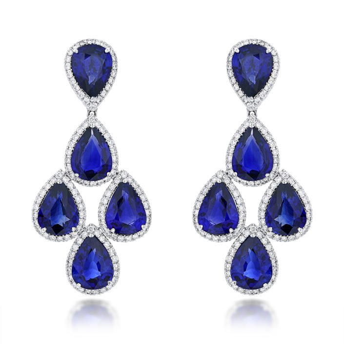 Heat treated blue sapphire, natural round brilliant diamond, halo set, dangling earrings, white gold