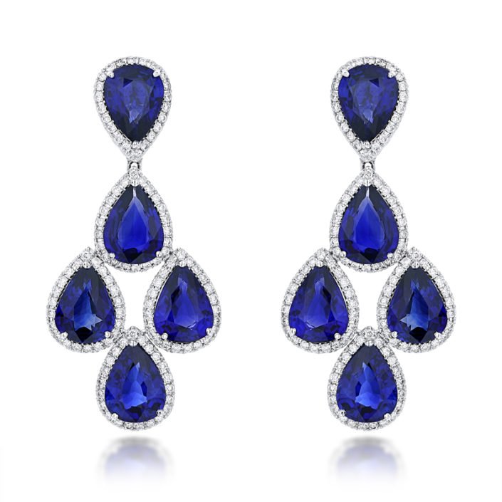 7331-feature Heat treated blue sapphire, natural round brilliant diamond, halo set, dangling earrings, white gold