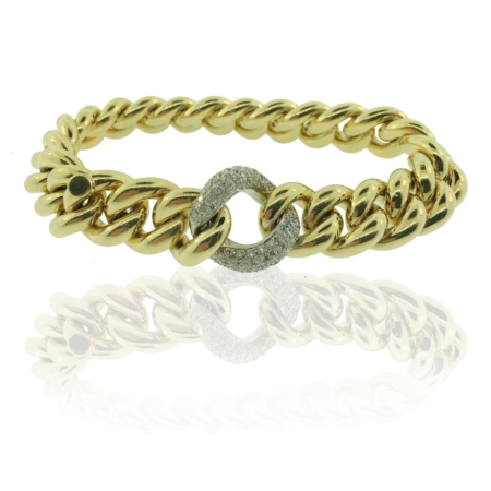 18 K Yellow Gold, Diamond Encrusted White Gold Link, High Polish Finish, Hidden Clasp, Fine Jewelry