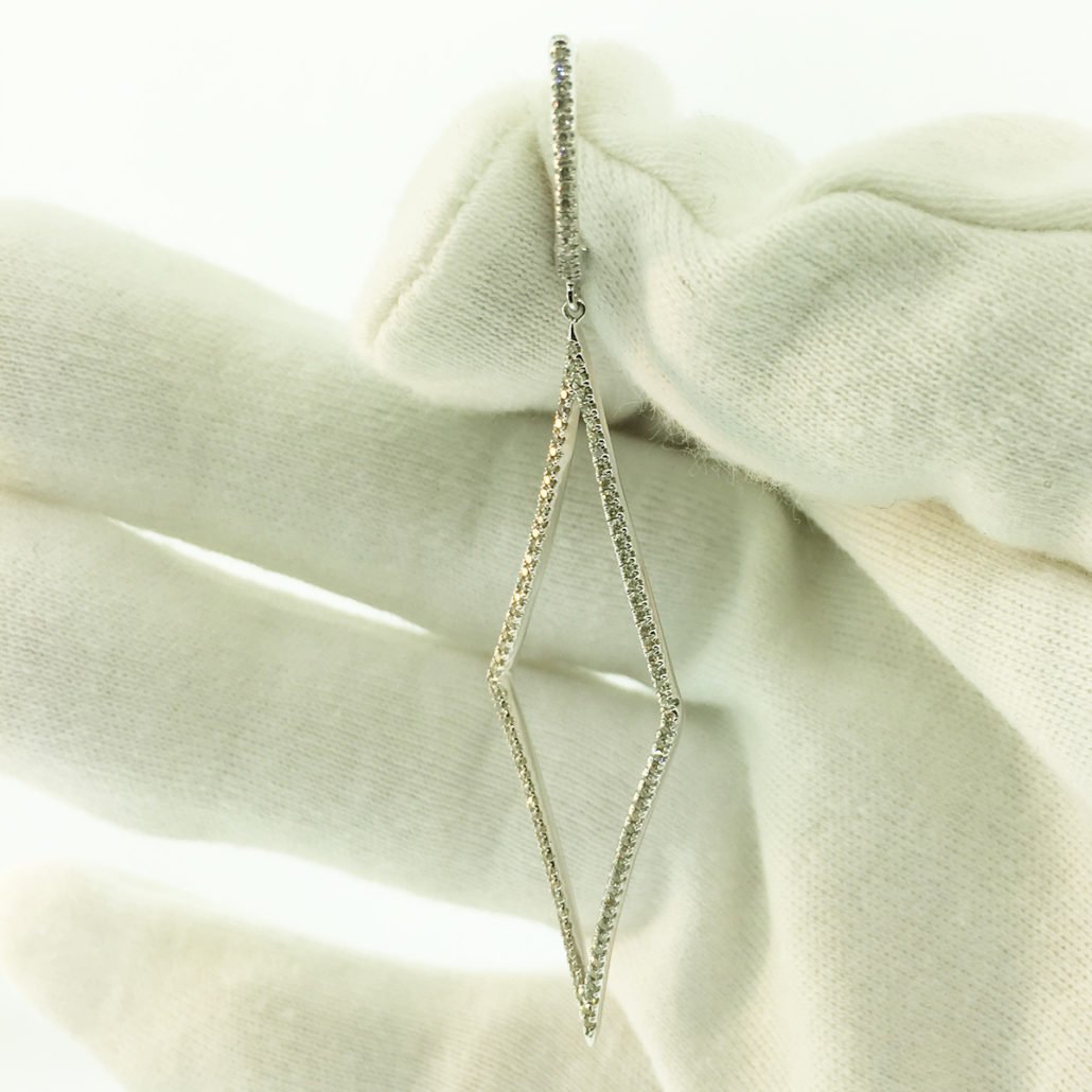 14K White Gold, Diamonds, Dangling Earrings, Lever Back, Diamond Shape