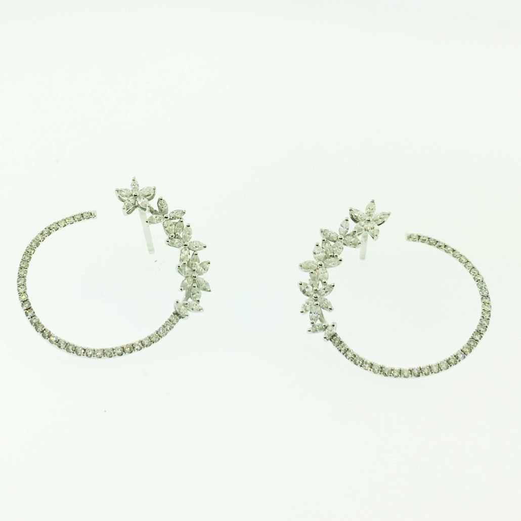 hoops, Marquise Cut, natural round brilliant diamonds, flower petal design, friction back