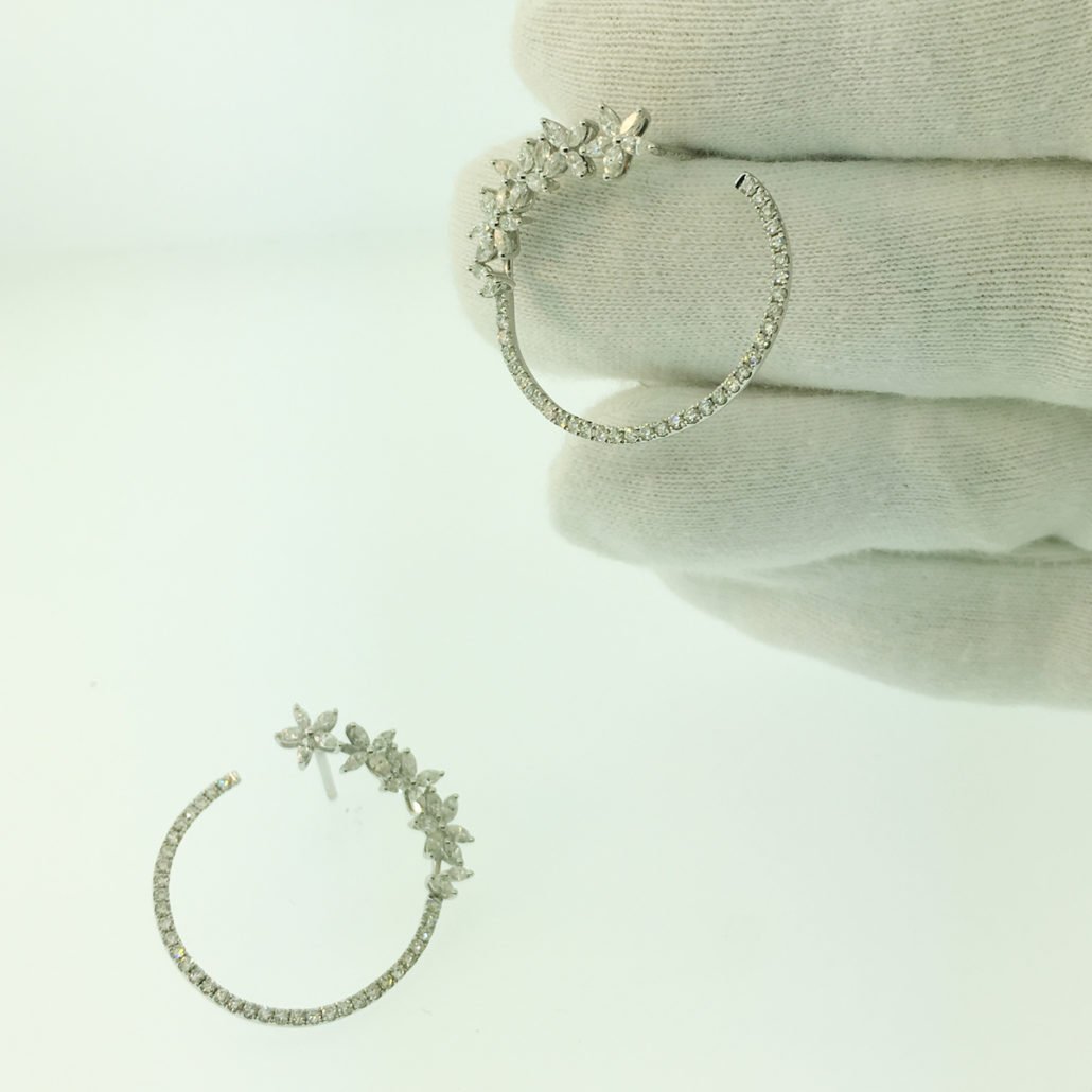 hoops, Marquise Cut, natural round brilliant diamonds, flower petal design, friction back