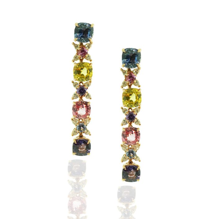7370-24DG Feature Sapphires, Multi-colored sapphire, heat-treated sapphire, earrings, dangling, diamonds, friction backs, 18k rose gold
