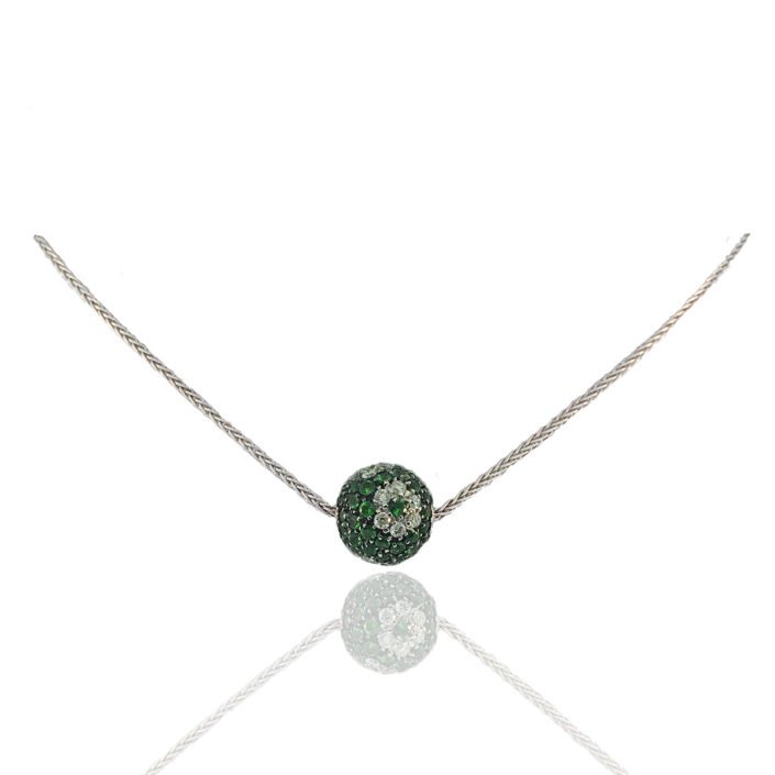 7374-32 Feature Emerald, Diamond, Ball, Pendant, Diamond Flower, Herringbone Chain