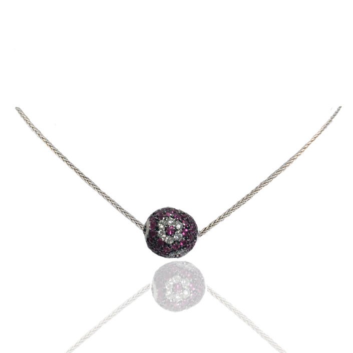 7375-32 Feature Ruby, Diamond, Ball, Pendant, Diamond Flower, Herringbone Chain