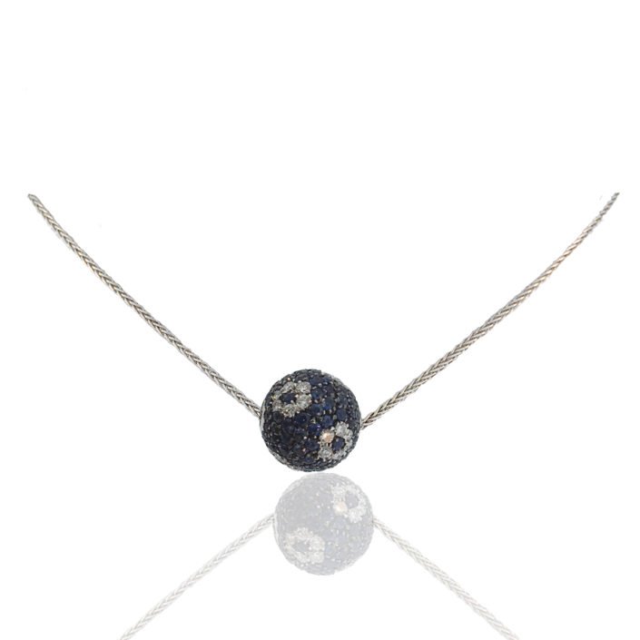7376-32 Feature 18K White Gold, Sapphire & Diamond Ball Pendant on White Gold Herringbone Chain with Spring Ring Clasp
