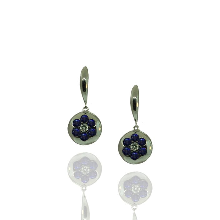 7379-24 Feature Heat treated sapphire, natural diamond, white gold, earrings, flower design, puffed circles