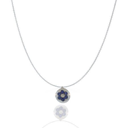 Sapphire, Diamond, Pendant, Diamond, Flower, White Gold