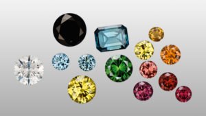 Colorless and other diamonds (left) can be artificially irradiated causing a variety of colors. Some of the irradiated colors are then heated as a second step, resulting in additional colors (group right).