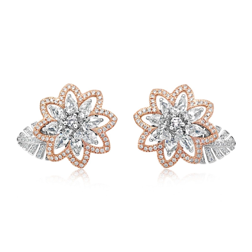 Gold and Diamond Lotus Flower Stud Earrings 1222-22 7560