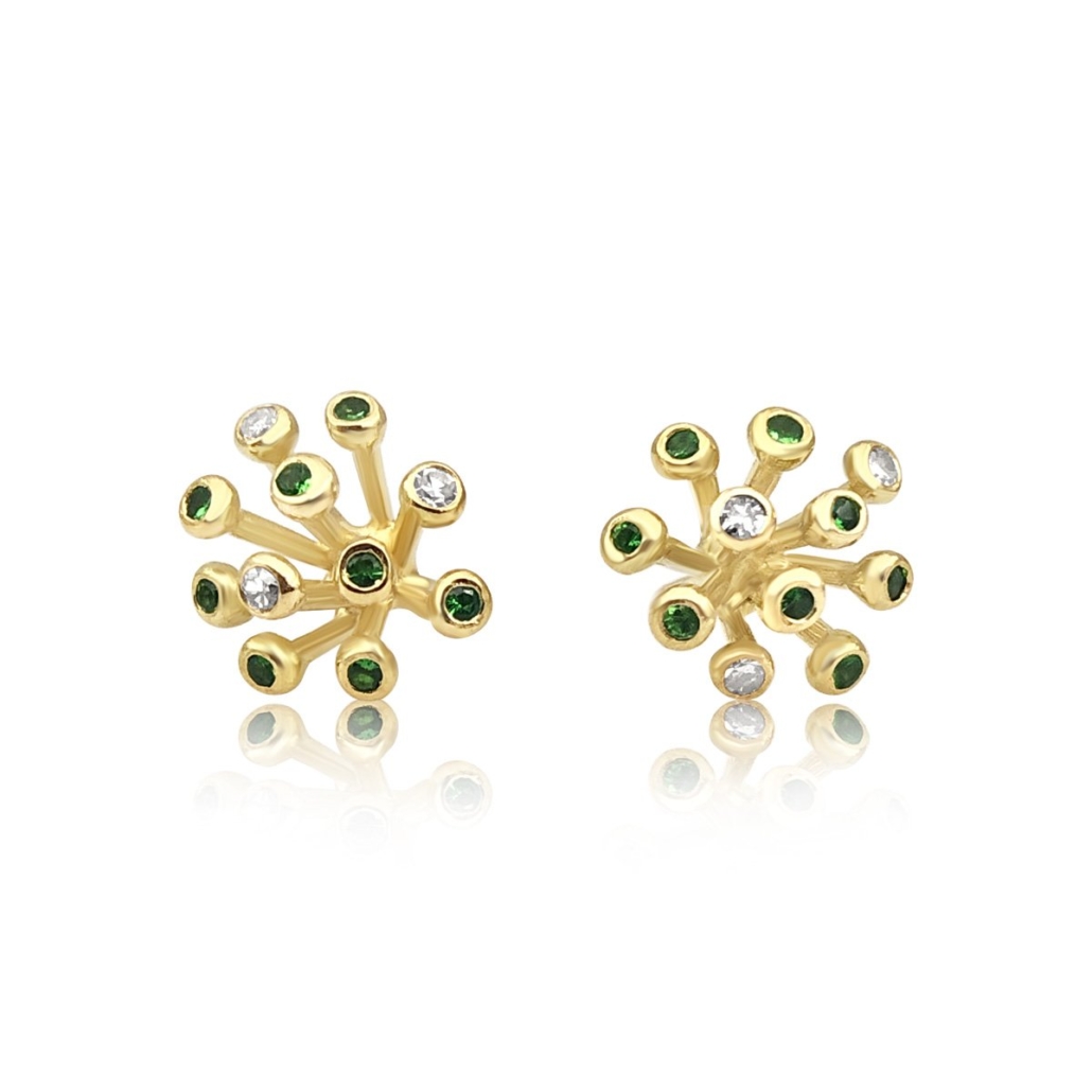 18K Yellow Gold Diamond and Emerald Molecular Burst Earrings 1286-22 / 7628-22