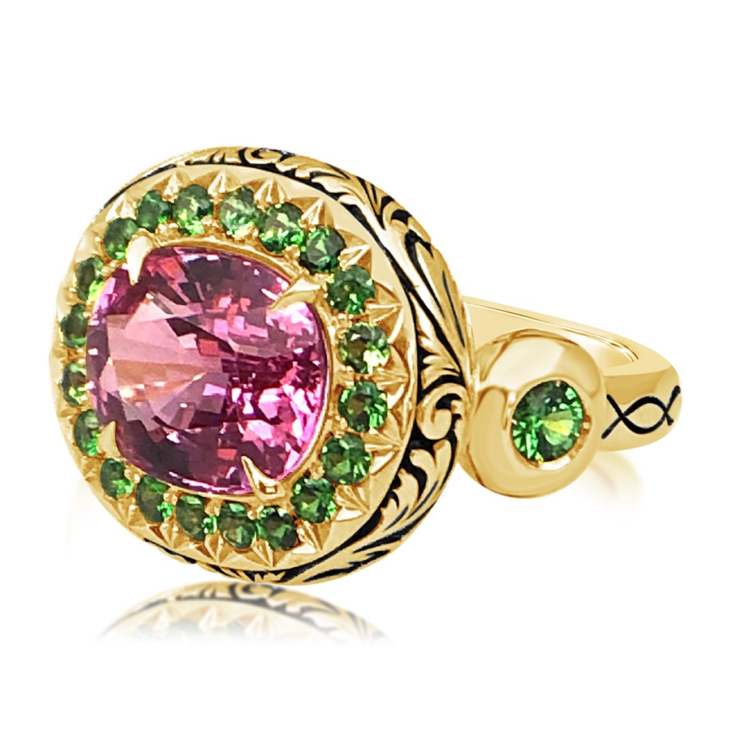 18K Yellow Gold Vintage Oval Pink Spinel Ring with Halo of Tsavorite & Custom Hand Engraved Detailing 1305-13 7648-13