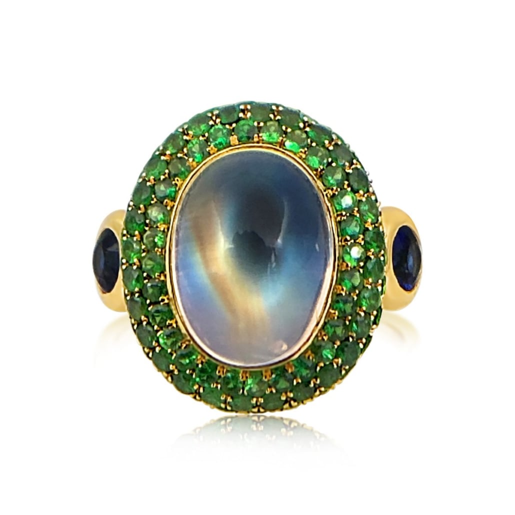 Triple Halo Cabochon Cut Moonstone Cocktail Ring with Tsavorite Halo & Sapphire Accents 1306-13 / 7649-13
