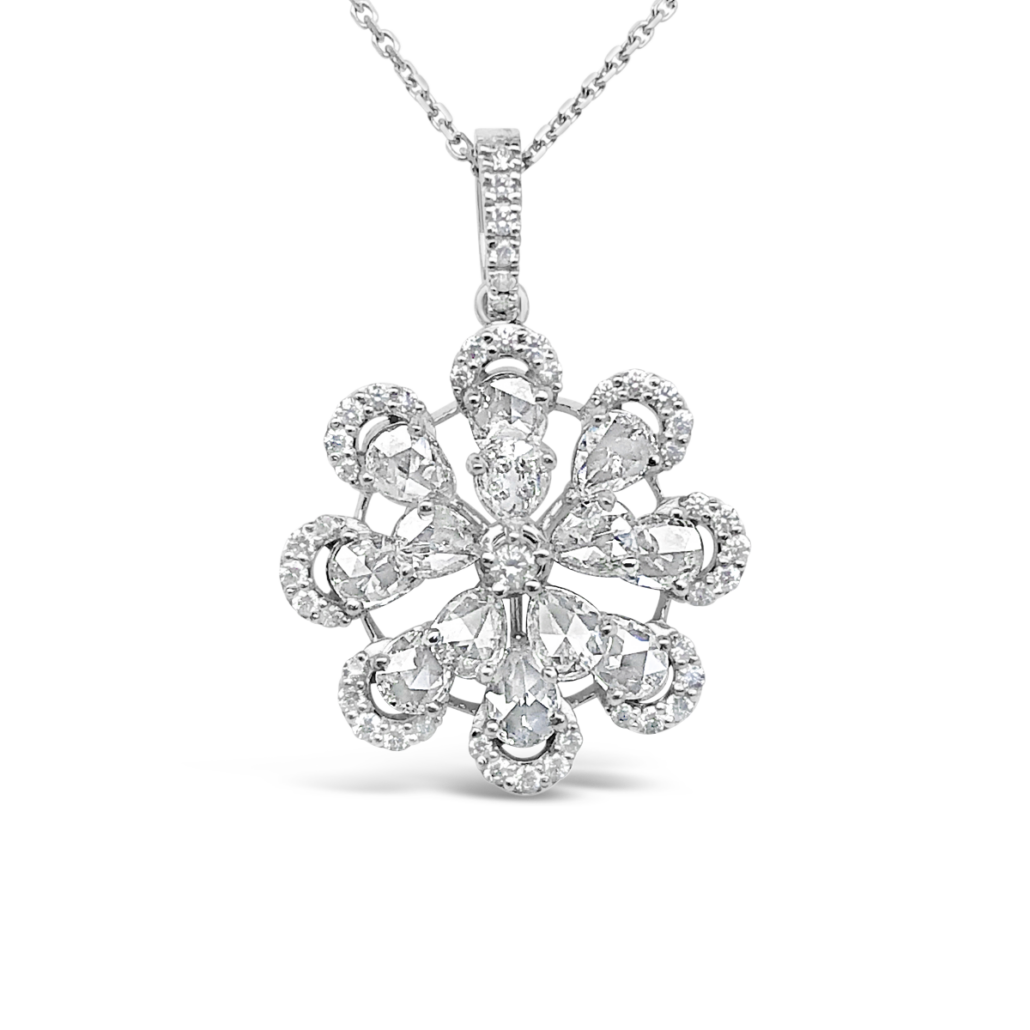 Sparkling Petals: 8-Petal Rose & Pear Cut Diamond Flower Pendant 1812-32