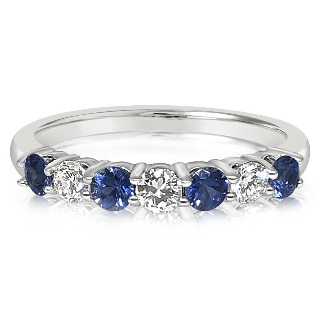 Blue Sapphire and Diamond Seven Stone Wedding Band in 14K White Gold  1798-12