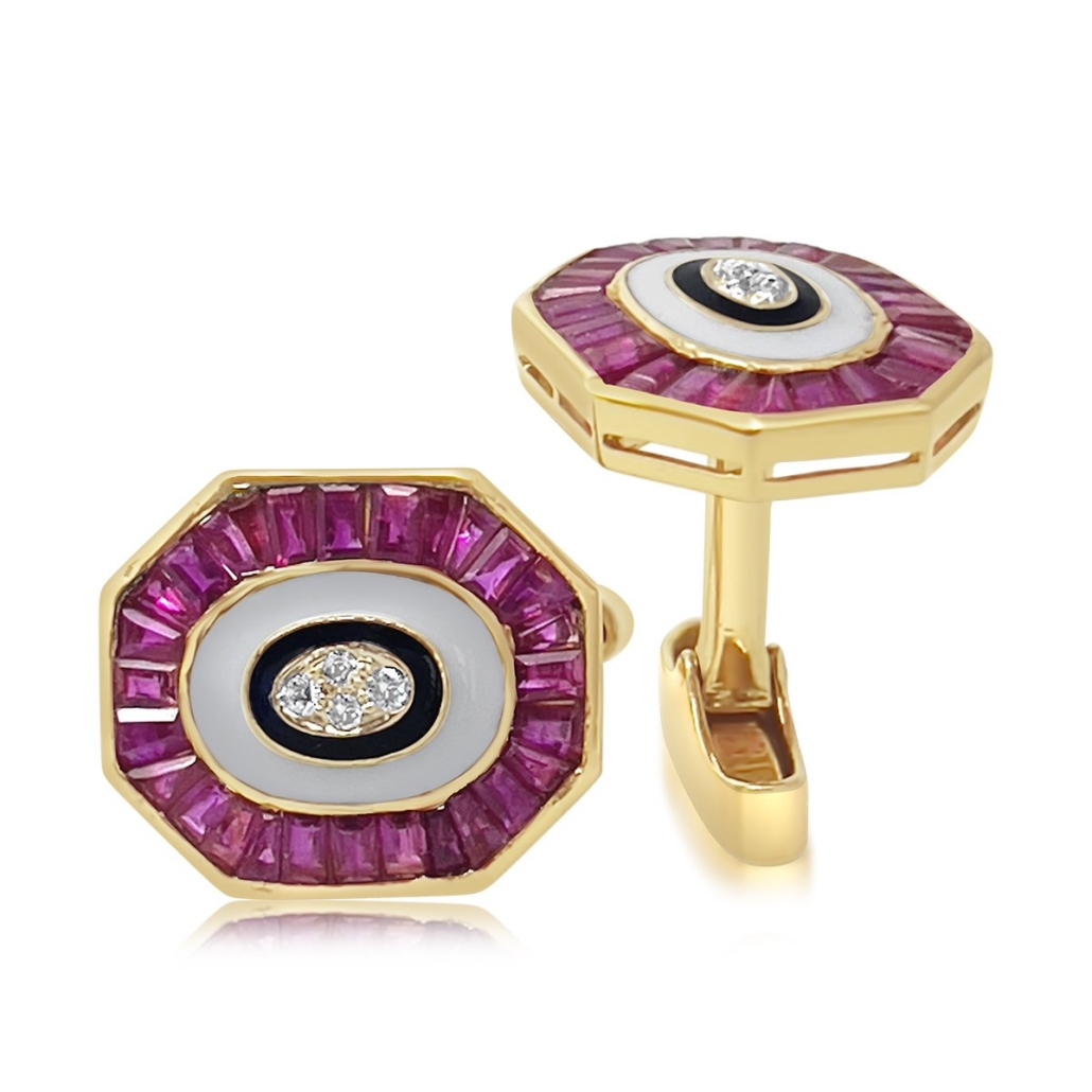 Cuff Link with Diamond and Ruby in 18k Yellow Gold 1991-33