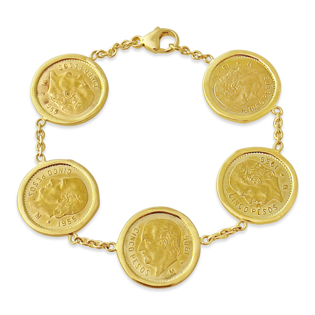 18k Yellow Gold Mexican Cinco Peso Coin Bracelet 1972-52