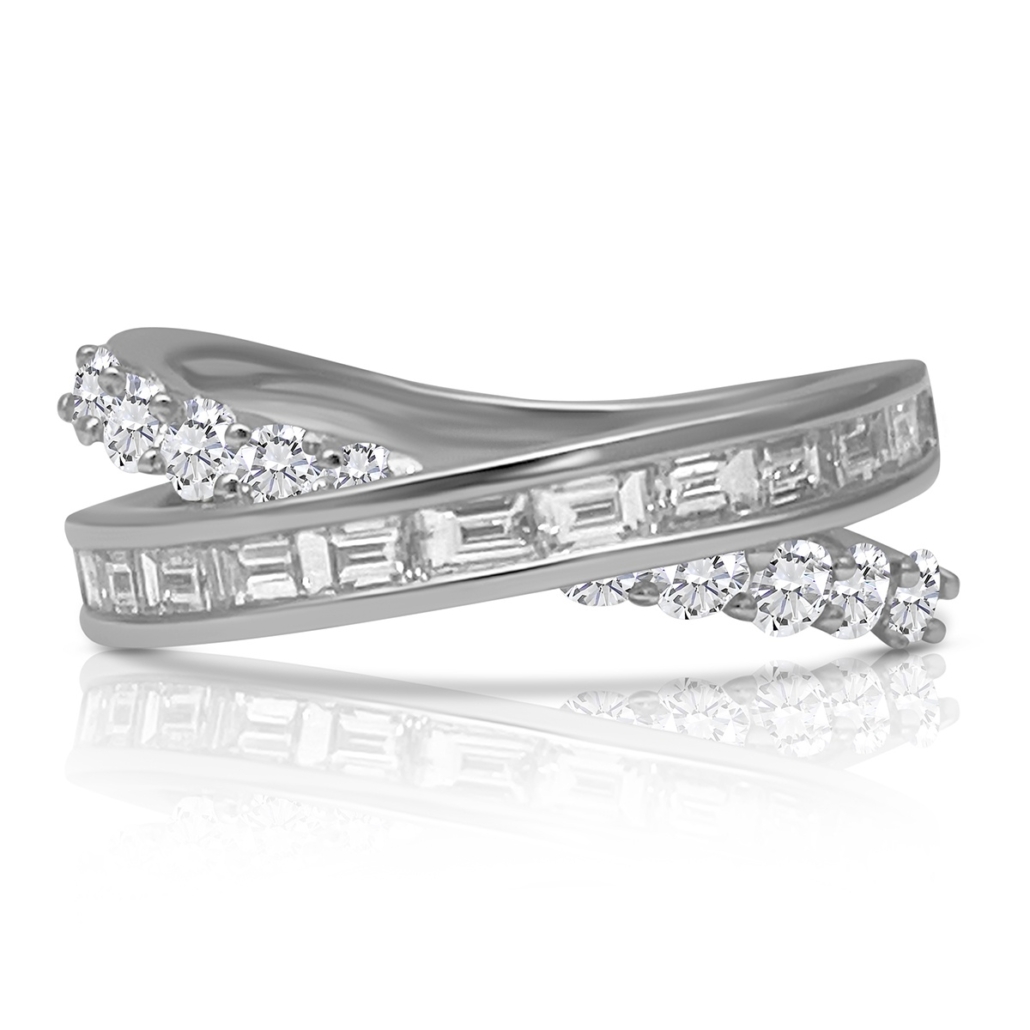 14K White Gold Round And Baguette Diamond ‘X’ Ring 2345-13