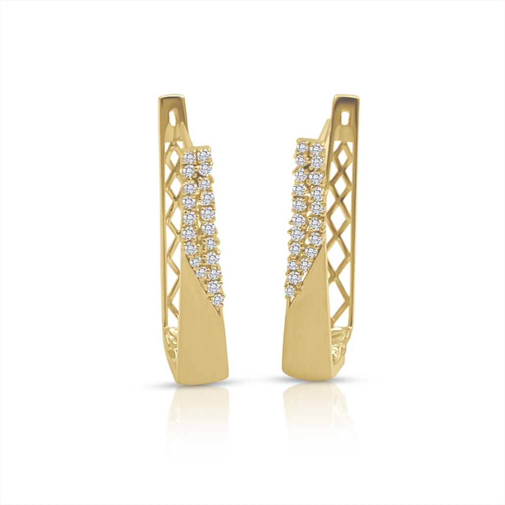 14KY Rectangular Satin Finished Gold and Diamond Hoop Earrings 2400-24