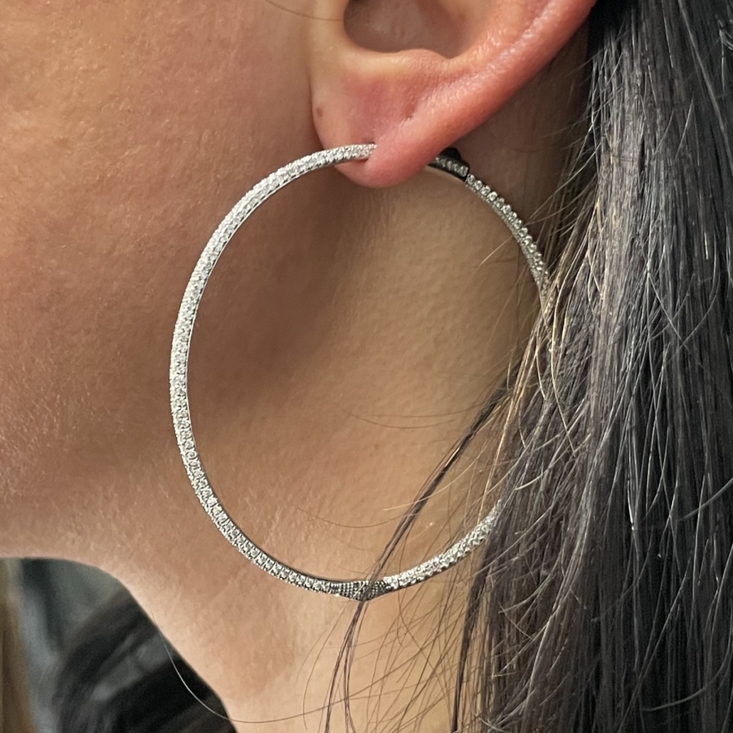 14k White 2.25 Inches Glittering Diamond 2 Inch Hoop Earrings 2457-23