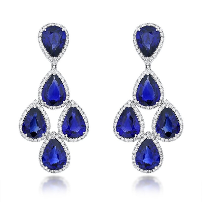 Heat treated blue sapphire, natural round brilliant diamond, halo set, dangling earrings, white gold
